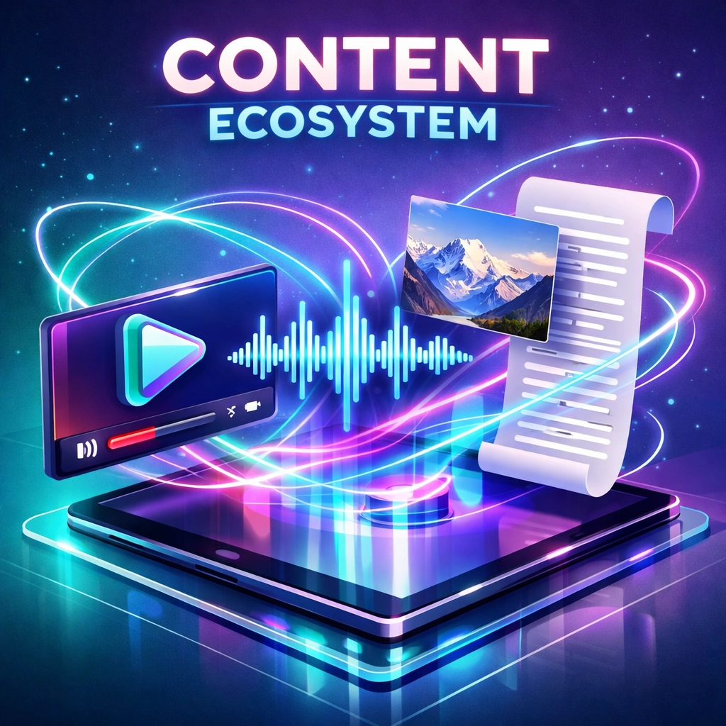 A mobile device displaying a multimodal content ecosystem with video, audio, and text for modern SEO strategies.