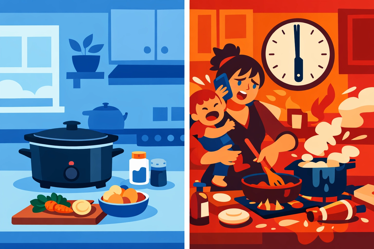 Comparison of calm meal-prepped kitchen versus busy last-minute dinner preparation