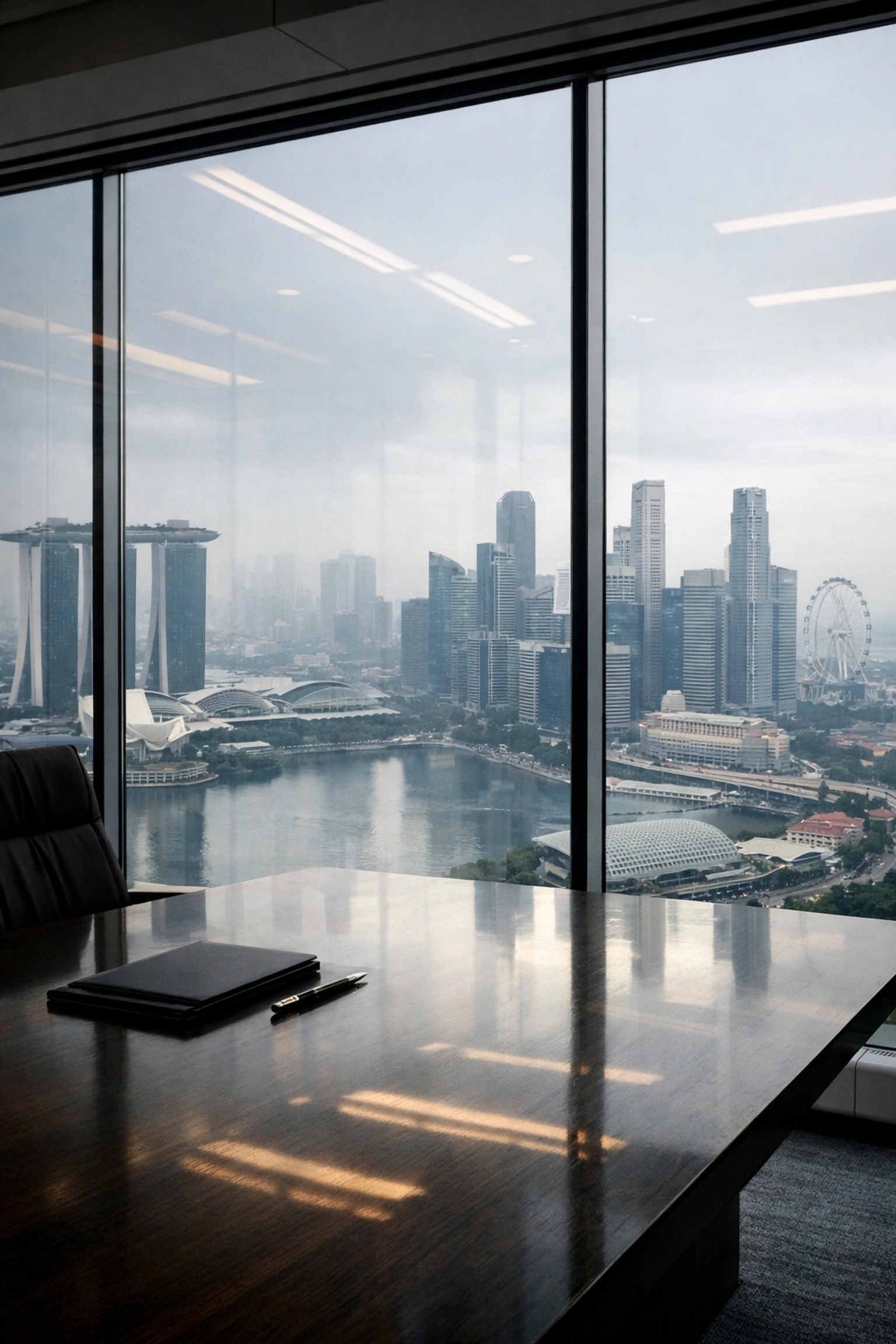Singapore CBD skyline view from a modern office, representing the city's role in the global digital economy.