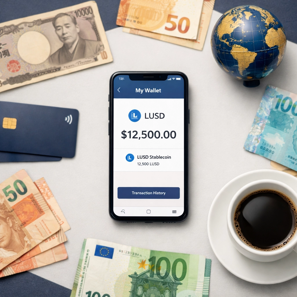 LUSD stablecoin wallet on smartphone surrounded by international currencies