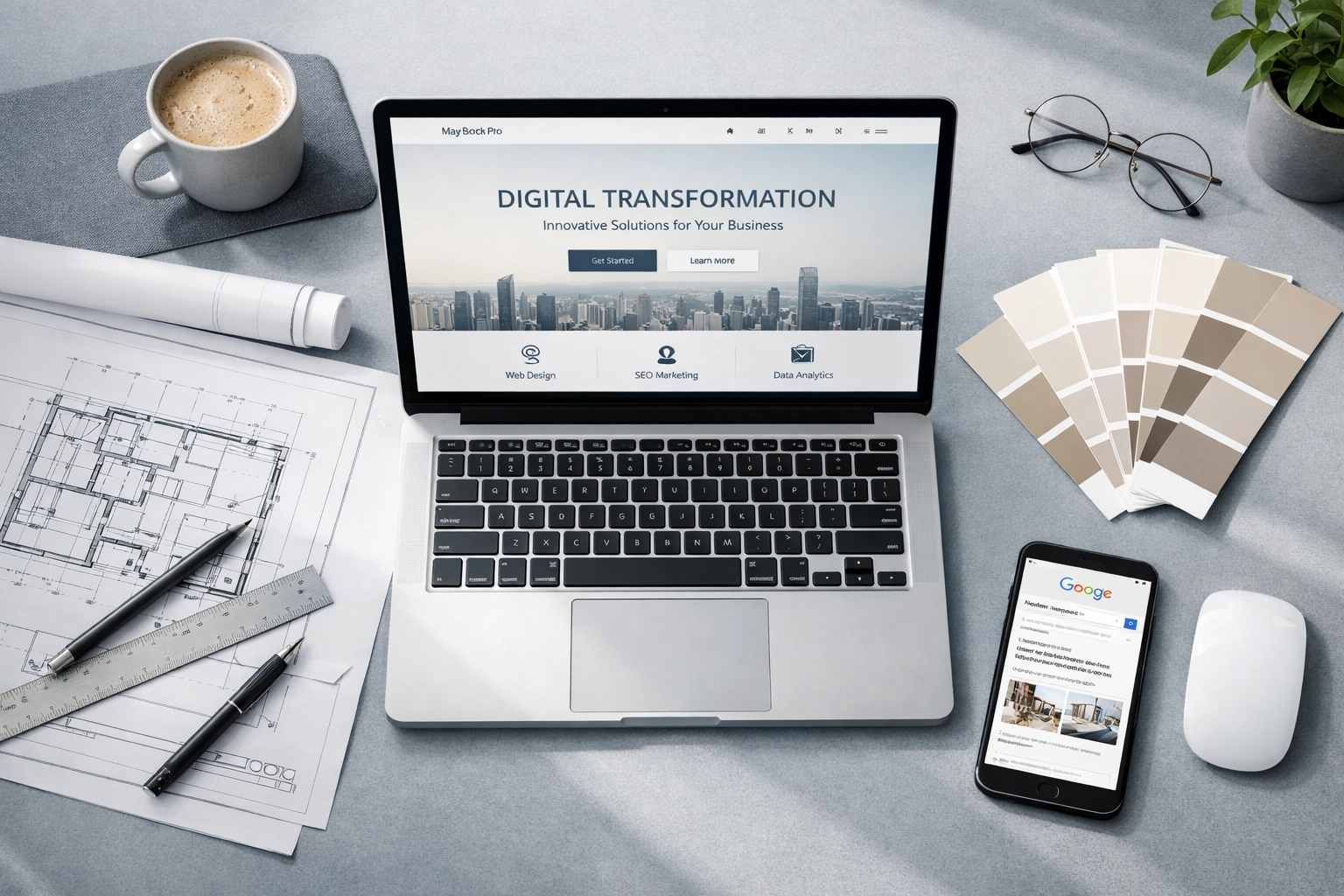 Digital marketing workspace showing home renovation website design and local search results