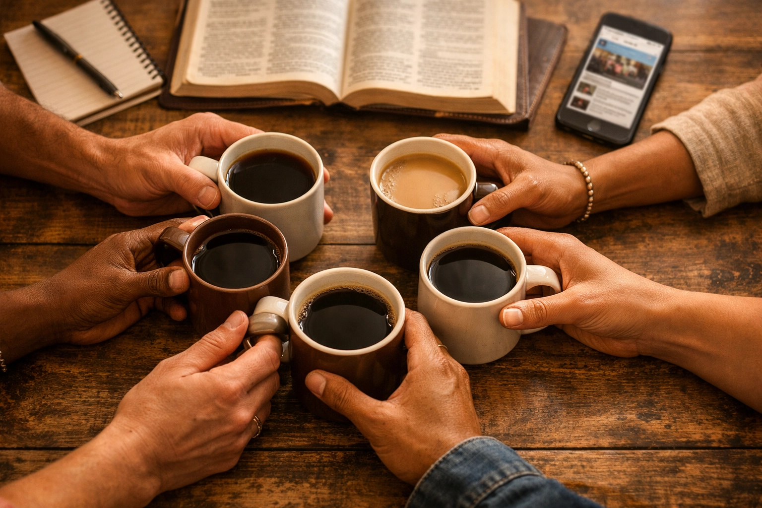Diverse hands holding coffee in circle with Bibles discussing Christ-centered news