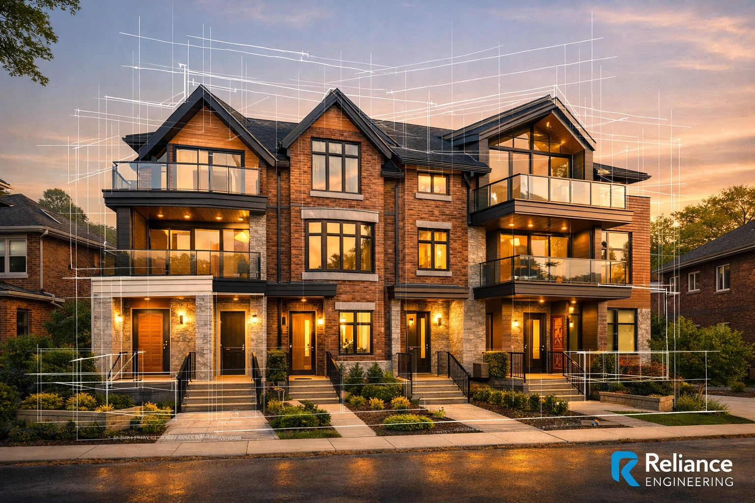 Modern house to 4-plex conversion design in Ontario with engineering overlays showing structural density.