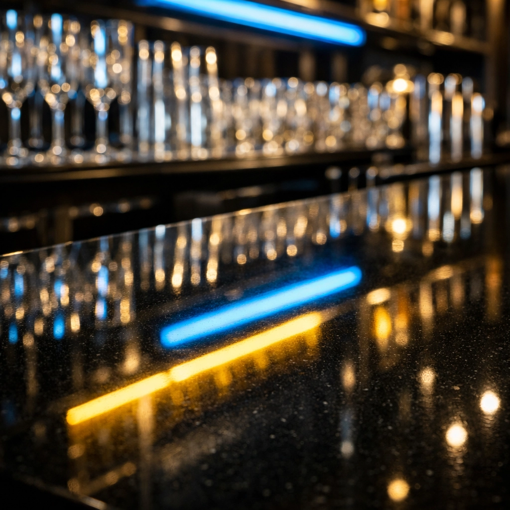 Sanitized black quartz bar top in an Allston music venue with a reflective shine.