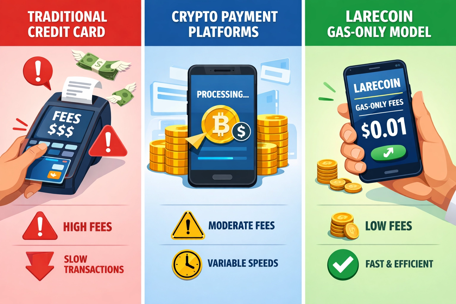 Payment fee comparison showing traditional cards vs crypto processors vs Larecoin gas-only model