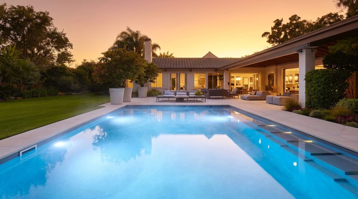 Luxury hydrogen pool in Blackhawk at sunset