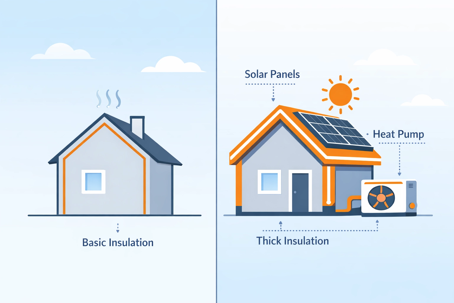 Comparison of basic home versus upgraded home with insulation and solar panels
