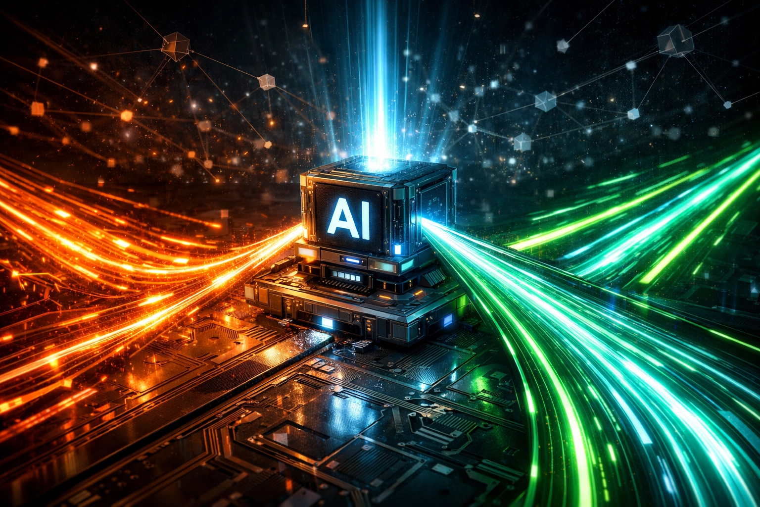 AI processor routing digital payment data through fast blockchain networks to ensure transaction efficiency