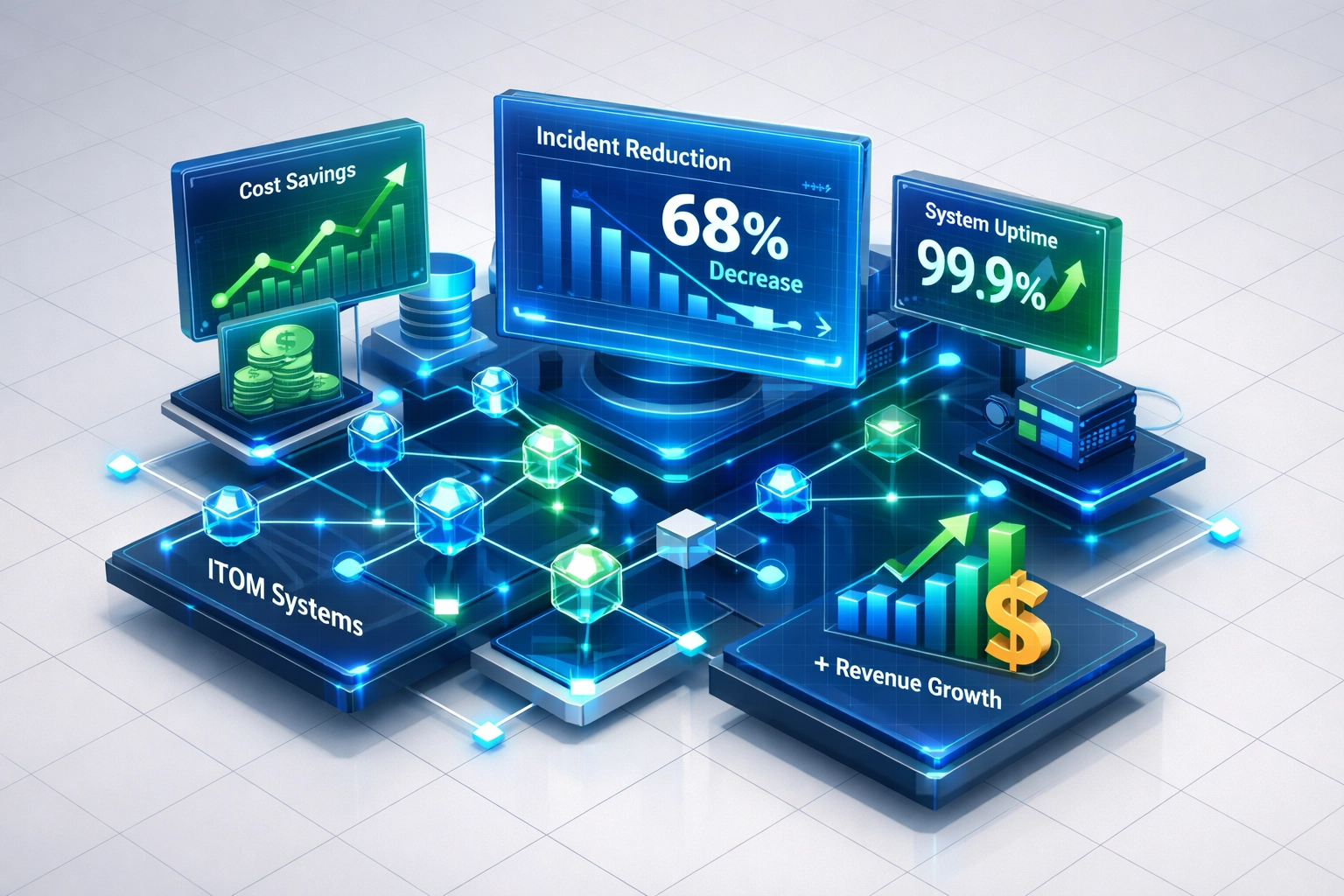 ServiceNow ITOM dashboard showing ROI metrics and cost savings from reduced incidents and downtime
