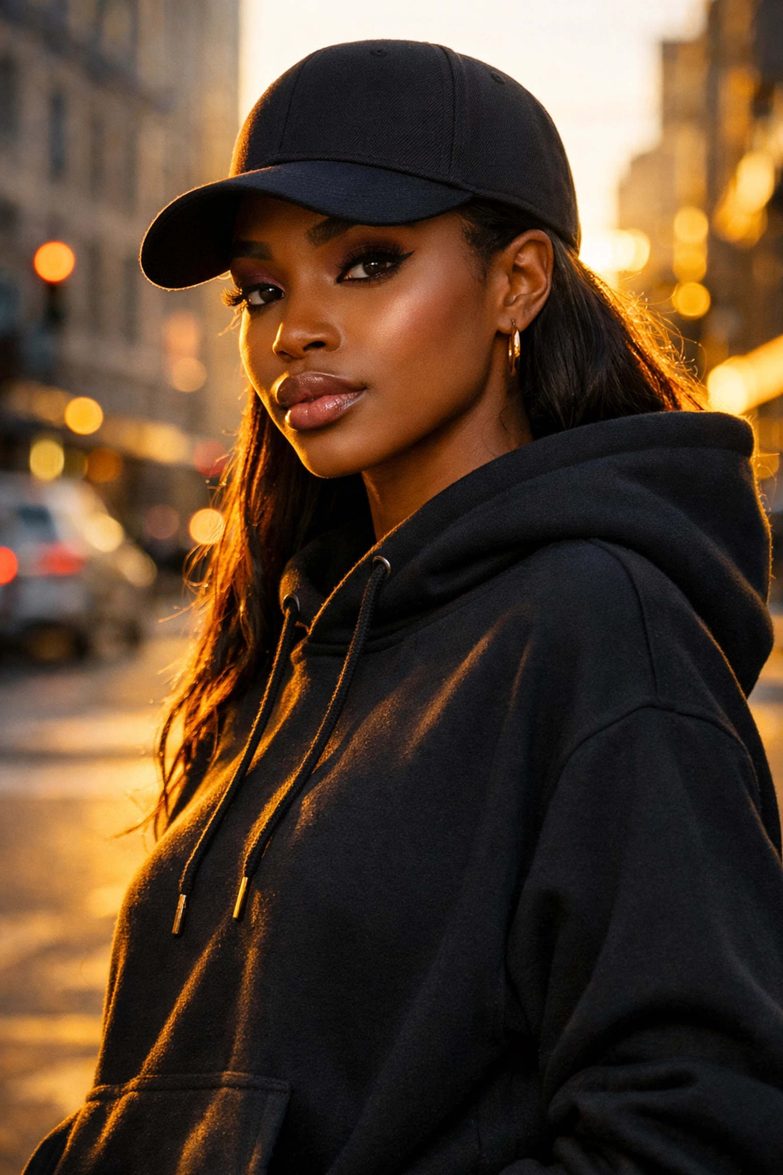 Young Black woman wearing a premium hoodie and cap from a Black-owned motivational clothing line.