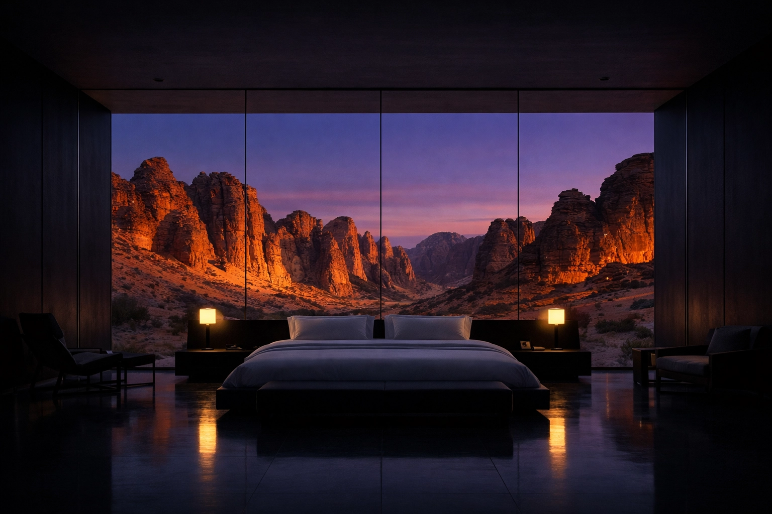 Minimalist luxury suite with desert views at twilight, showcasing unique luxury destinations for intentional travel.