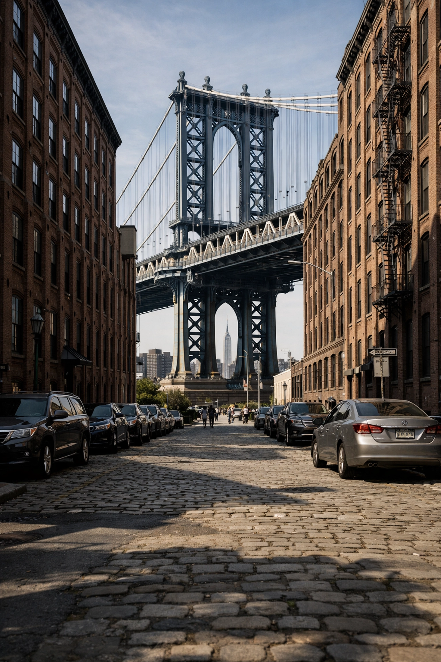 The Manhattan Bridge perfectly framed by brick buildings in DUMBO, a top place to take pictures in NYC.