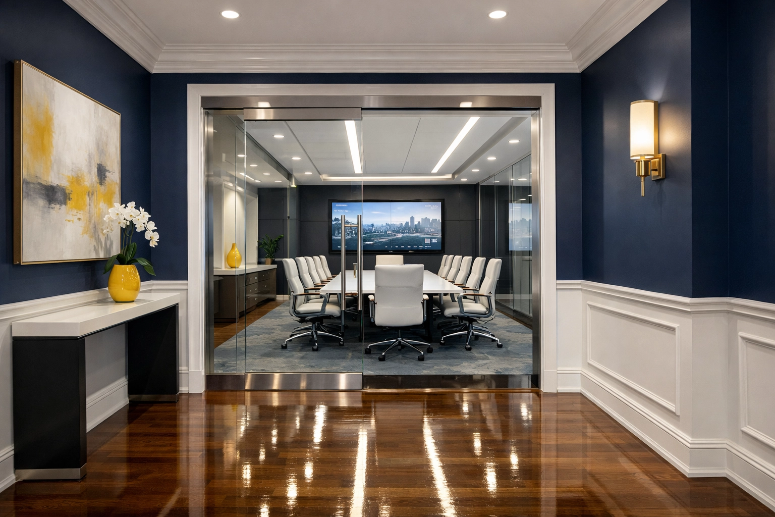 Polished hardwood floors in a luxury Marlborough office showcasing elite commercial cleaning standards.