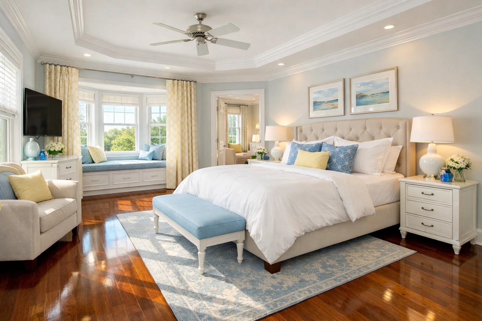 A spotless Hingham master bedroom after a ninja-level professional deep cleaning service.