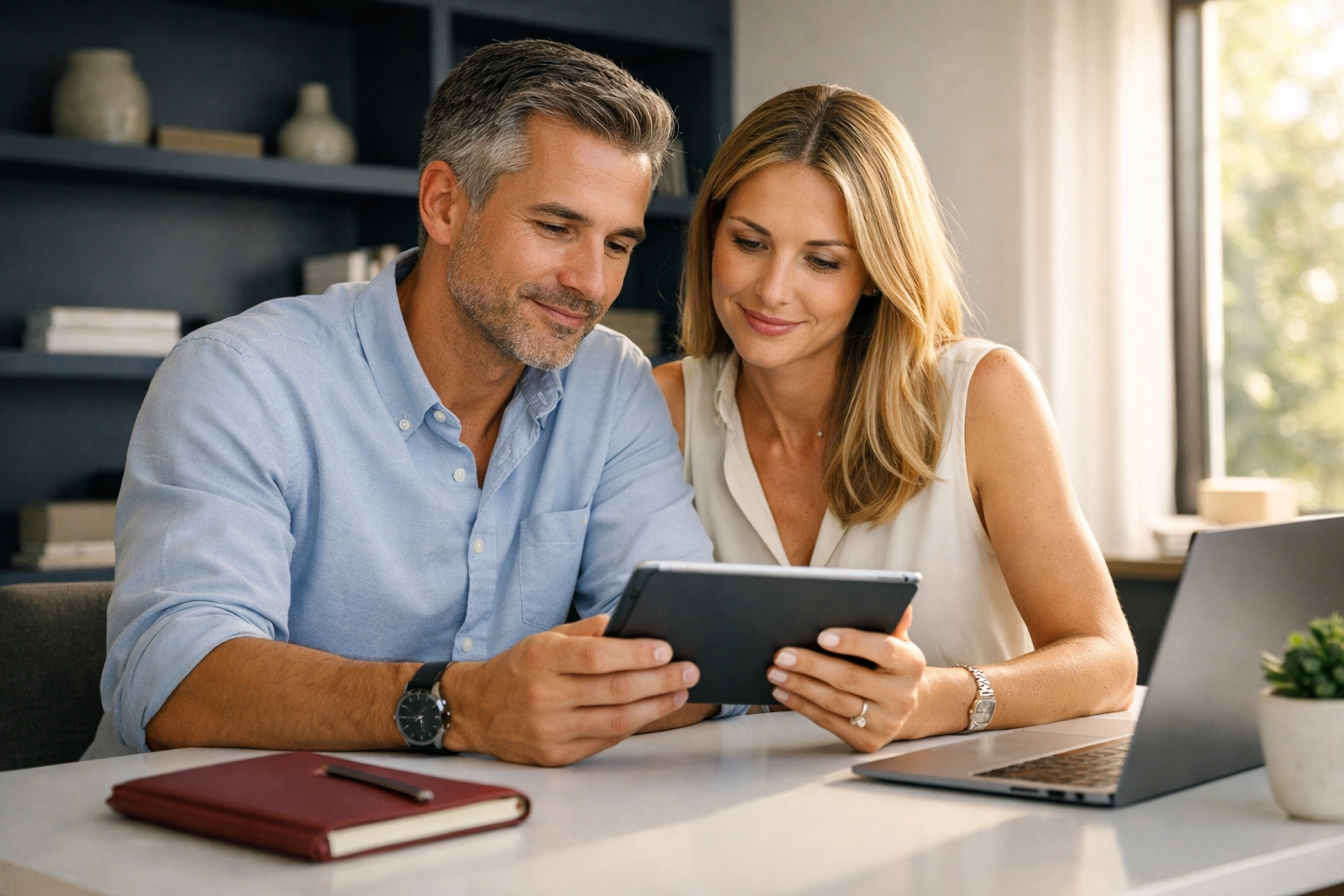 Texas couple reviewing their credit score and long-term financial plans in a professional home office.