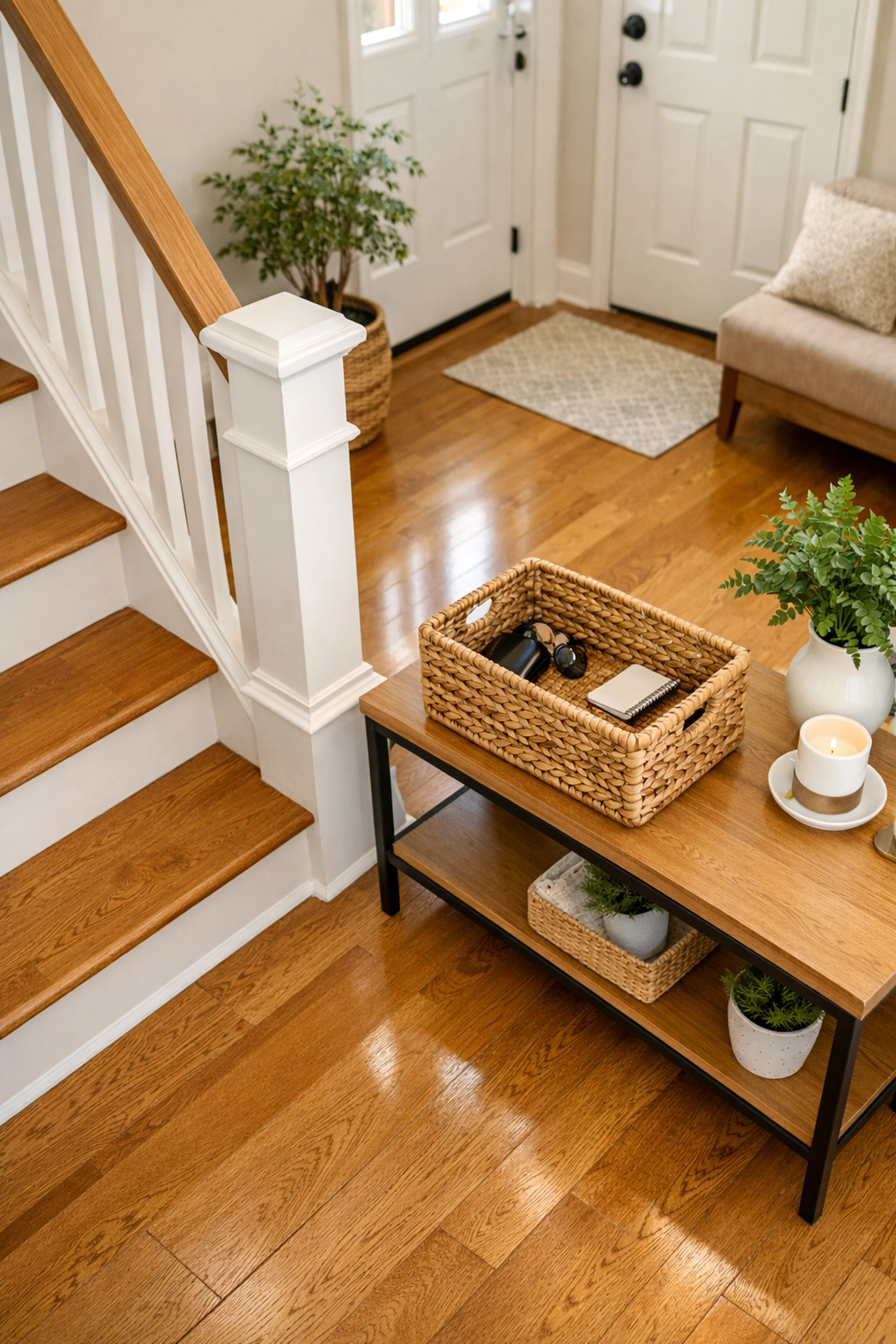 An organized, clutter-free staircase landing with a storage basket to eliminate common household tripping hazards.