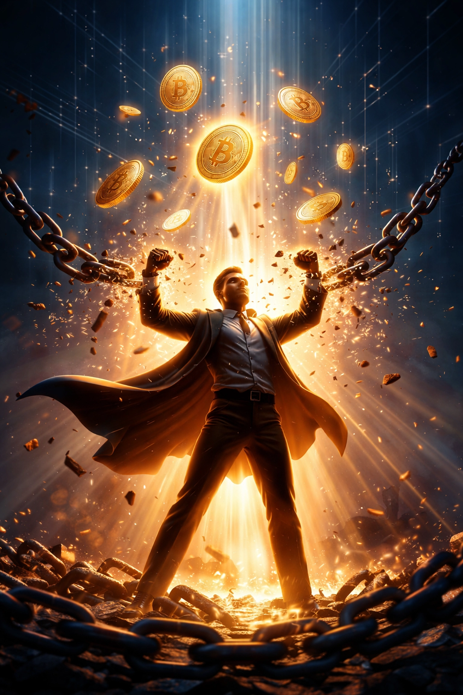 Merchant breaking free from chains as cryptocurrency coins rise, illustrating slashed interchange fees and crypto payment freedom