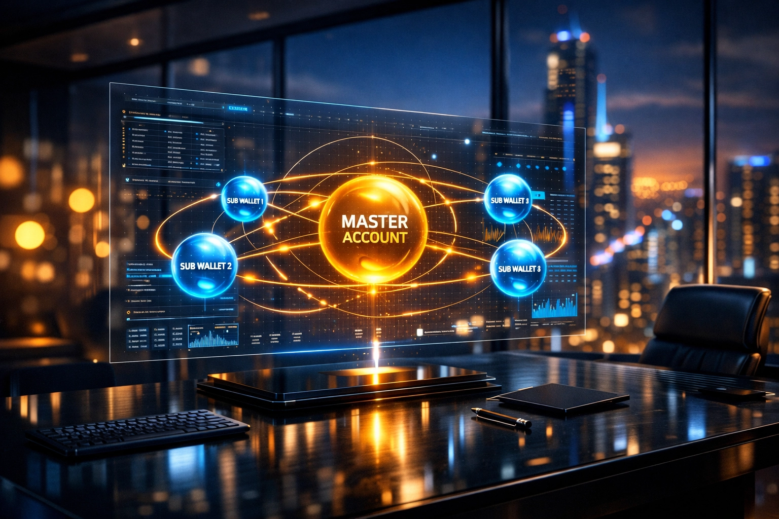 Holographic dashboard showing merchant master and sub-wallet hierarchy for business crypto payments.