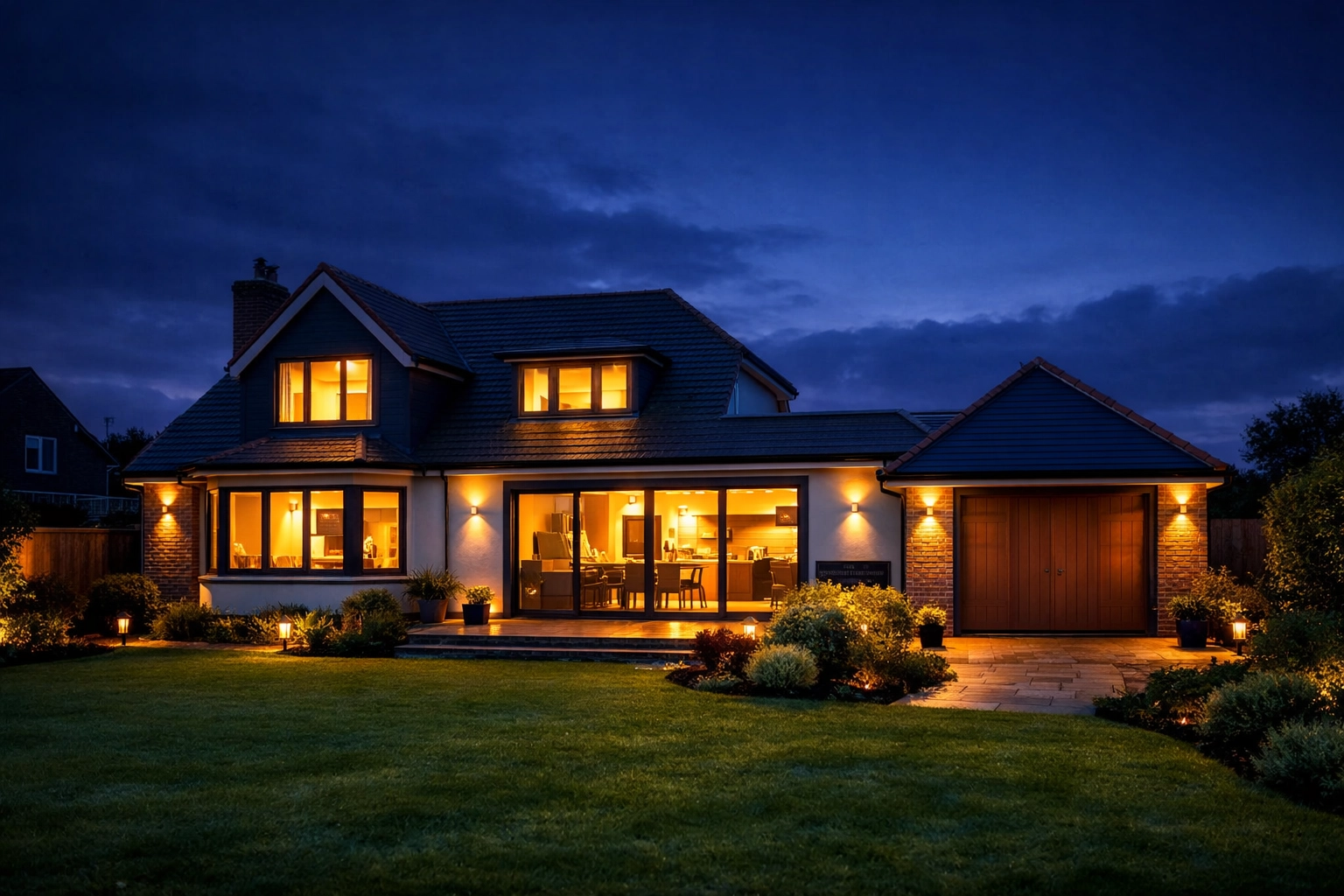 A secure UK suburban home glowing at twilight, representing energy security and domestic reliability.