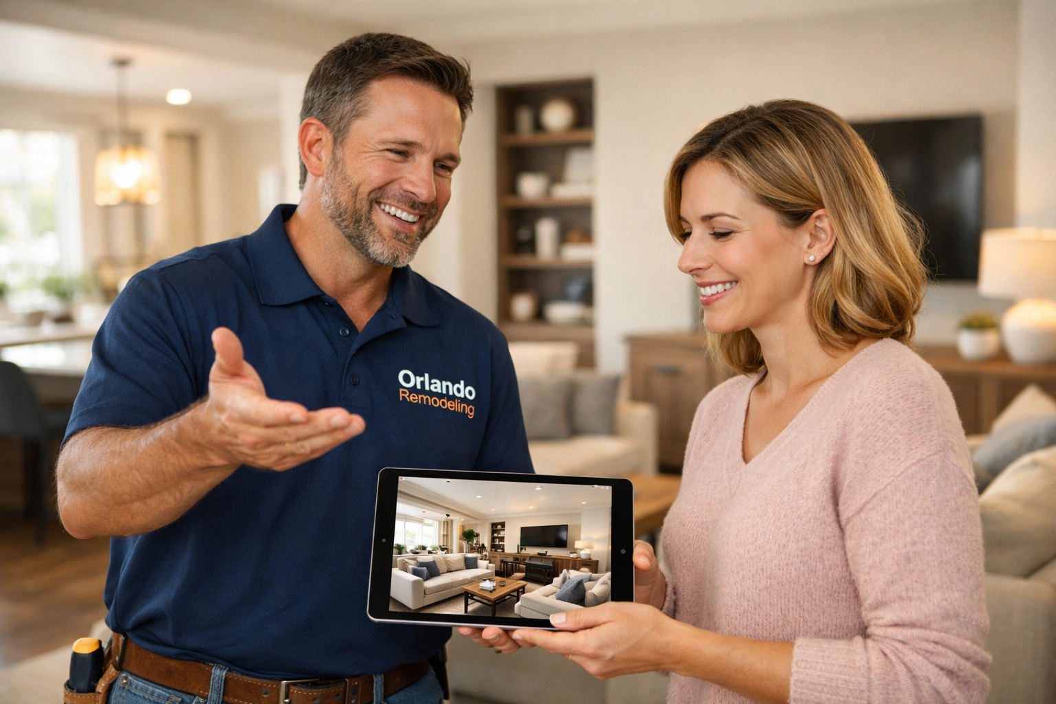 Orlando remodeling expert and homeowner discussing a modern home renovation plan on a digital tablet.