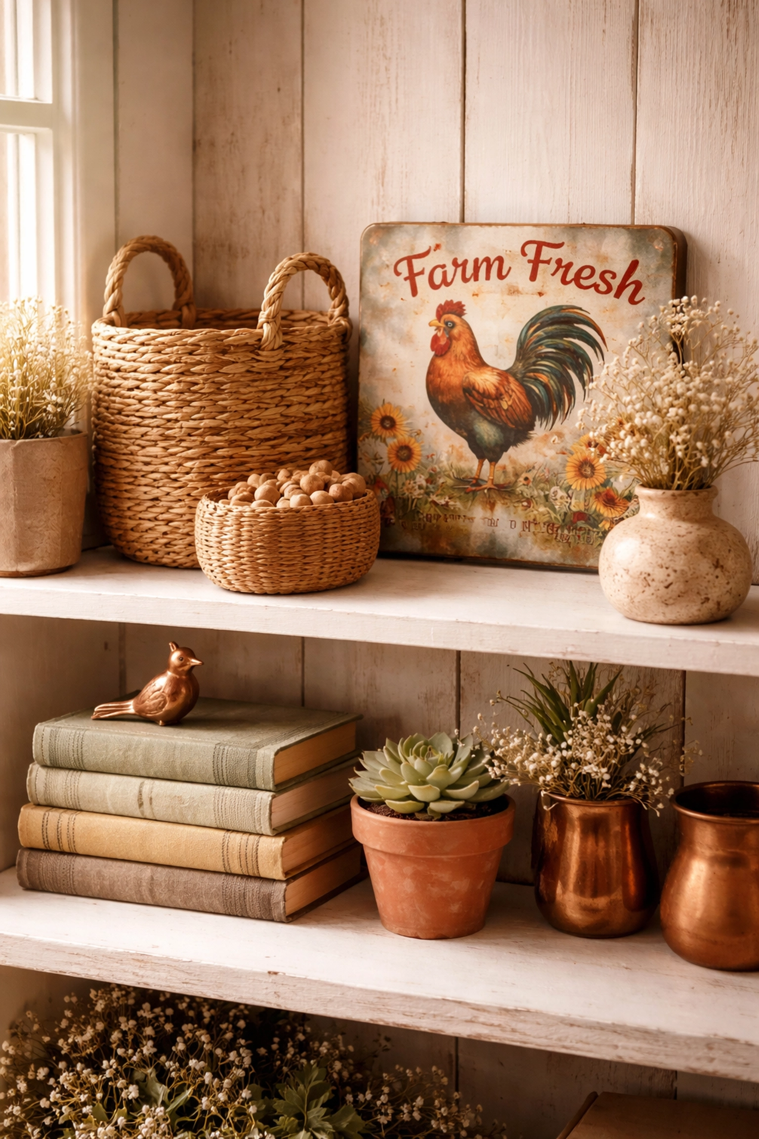 Farmhouse shelf with handcrafted decor, baskets, books, and blooms, perfect for micro-interest gift ideas.