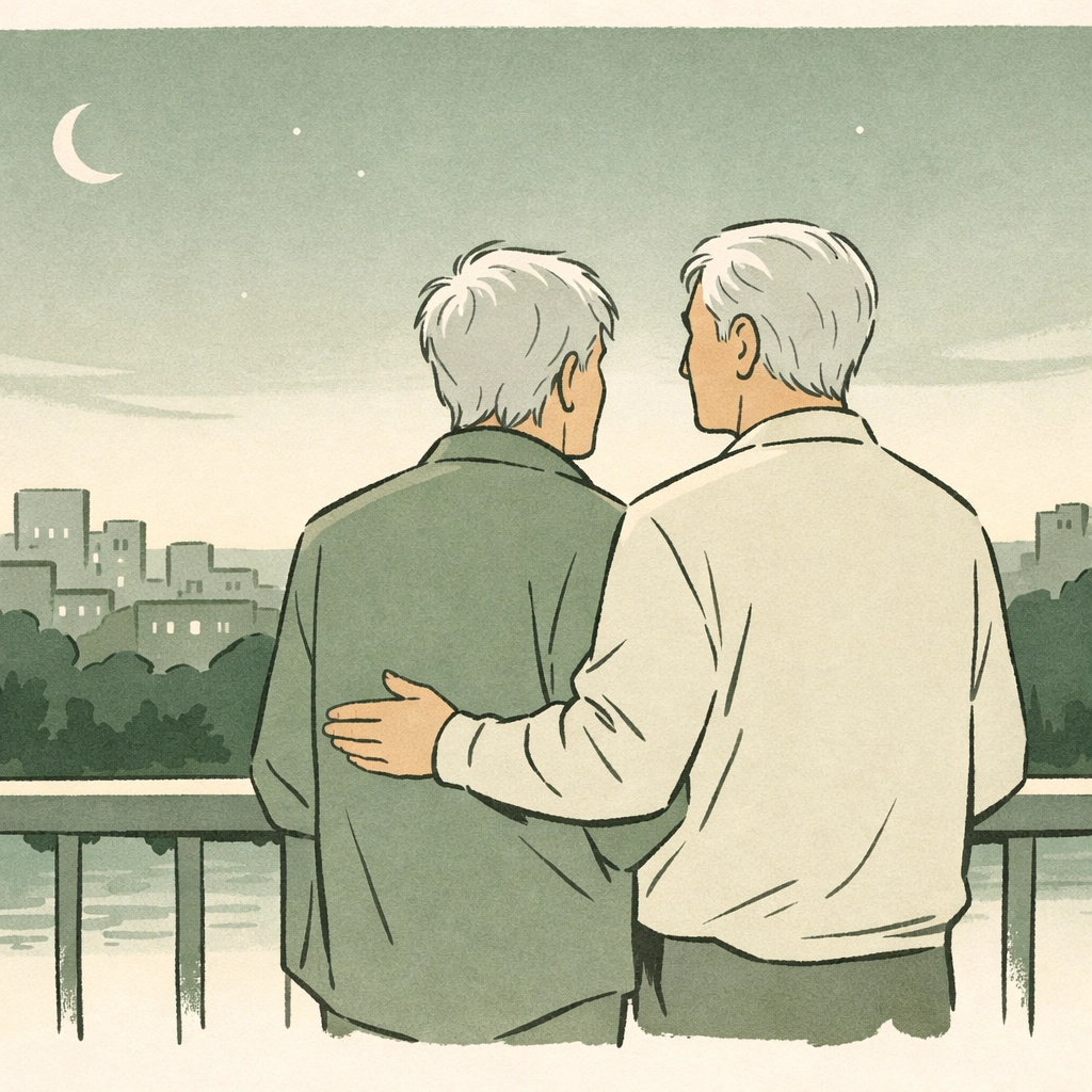 Minimalist art of an older gay couple on a balcony, illustrating the second bloom of coming out later in life.