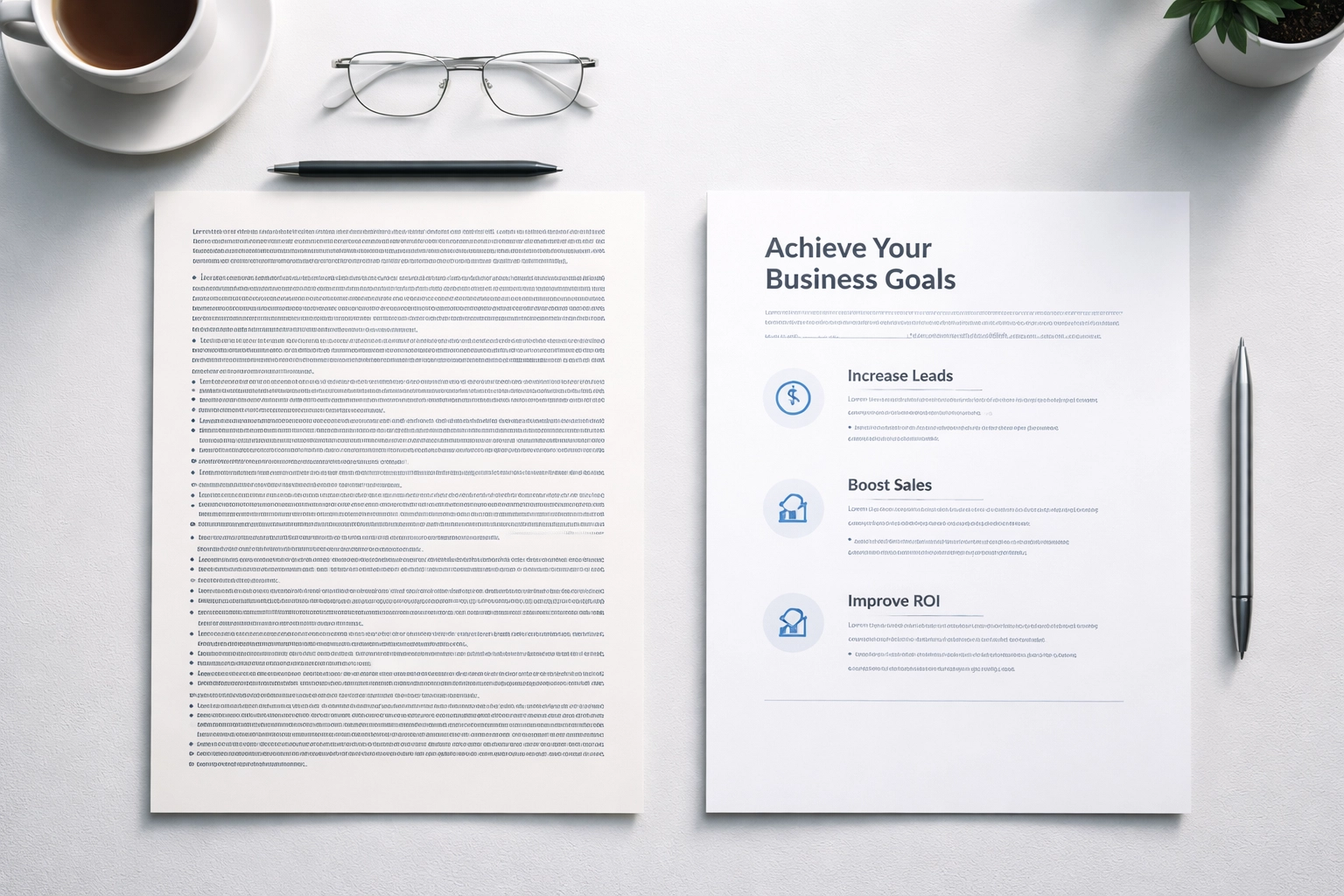 Comparison of cluttered feature-focused web copy to clear, results-oriented messaging for conversion optimization.