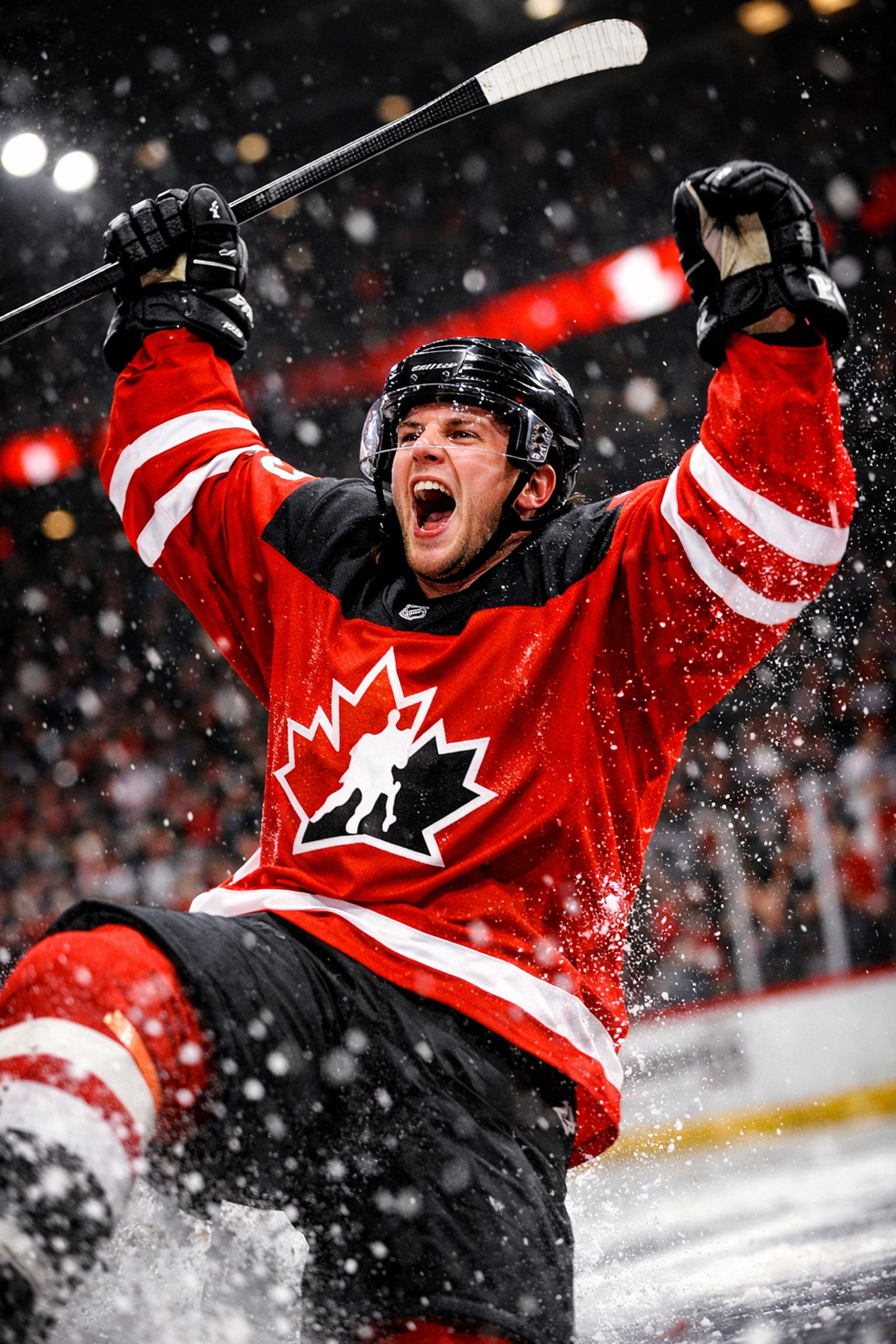 Team Canada player celebrating bronze medal victory at World Junior Hockey Championships