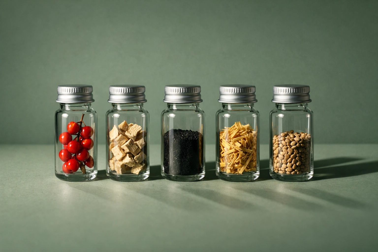 Five glass vials containing different adaptogen botanical specimens displayed for scientific comparison