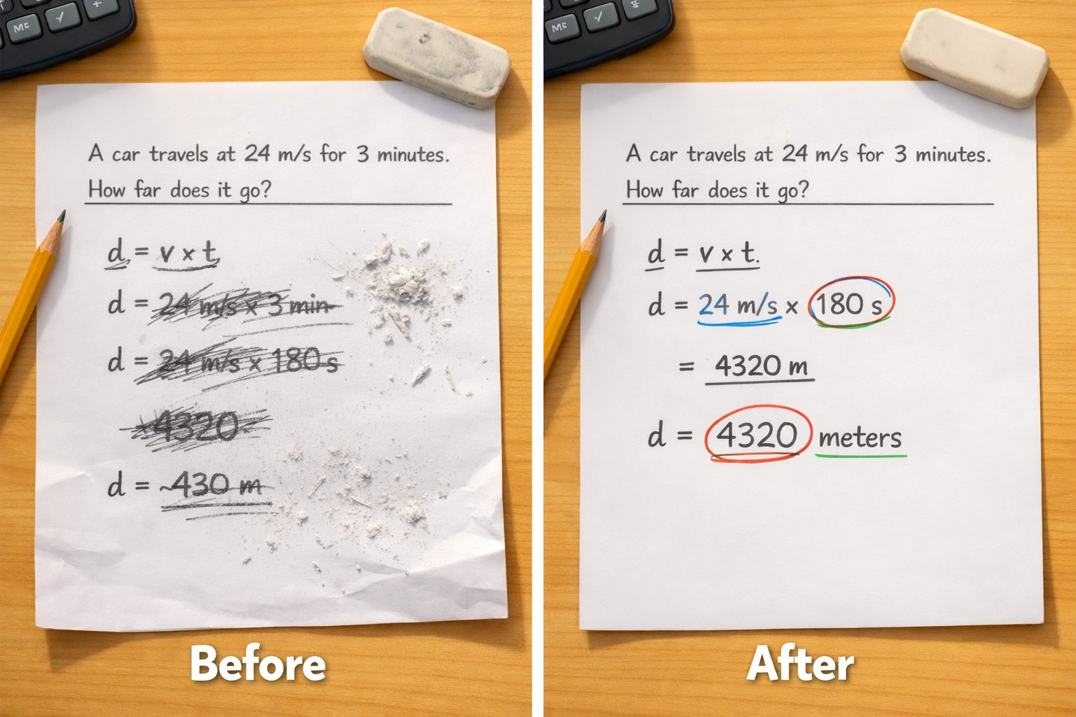 Before and after comparison showing messy vs organized SAT math work with labeled units