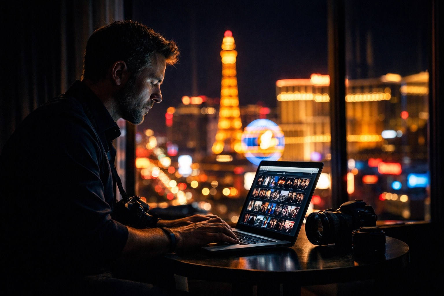 Event photographer reviewing images with Las Vegas Strip in background