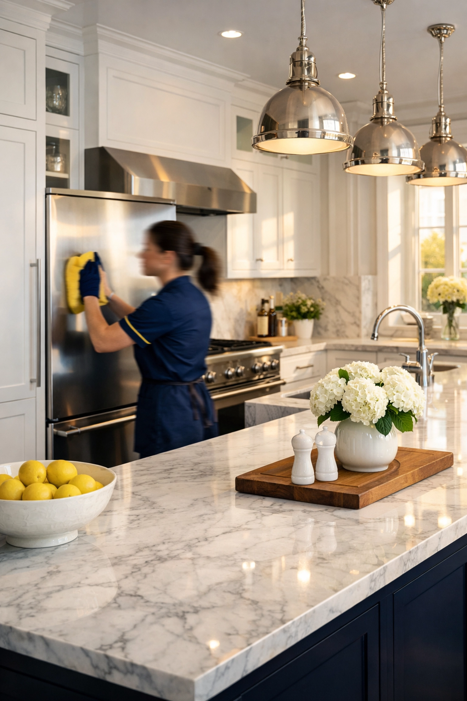 Professional house cleaning service in Lynnfield MA polishing a luxury kitchen with marble countertops.