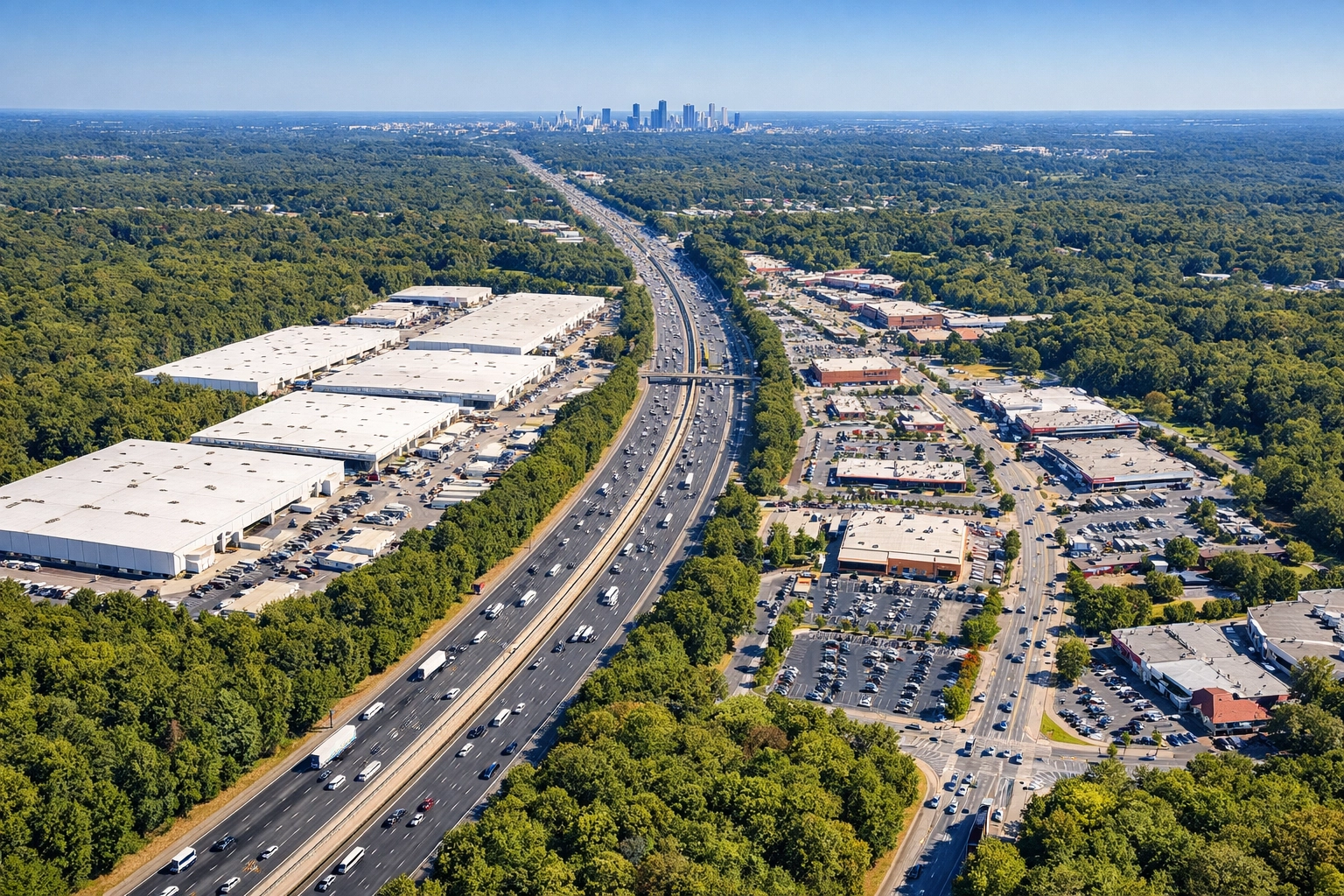 Aerial view of Atlanta's I-85 corridor showing the integration of industrial hubs and retail shopping centers.