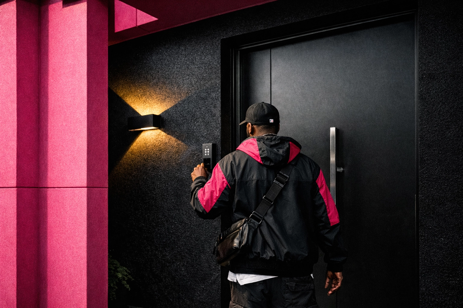 Modern front door security lighting highlighting a sleek entryway in a Gwinnett neighborhood.