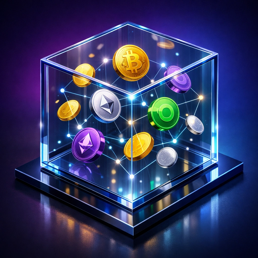 Cryptocurrency network showing decentralized gas-only payment model with connected tokens