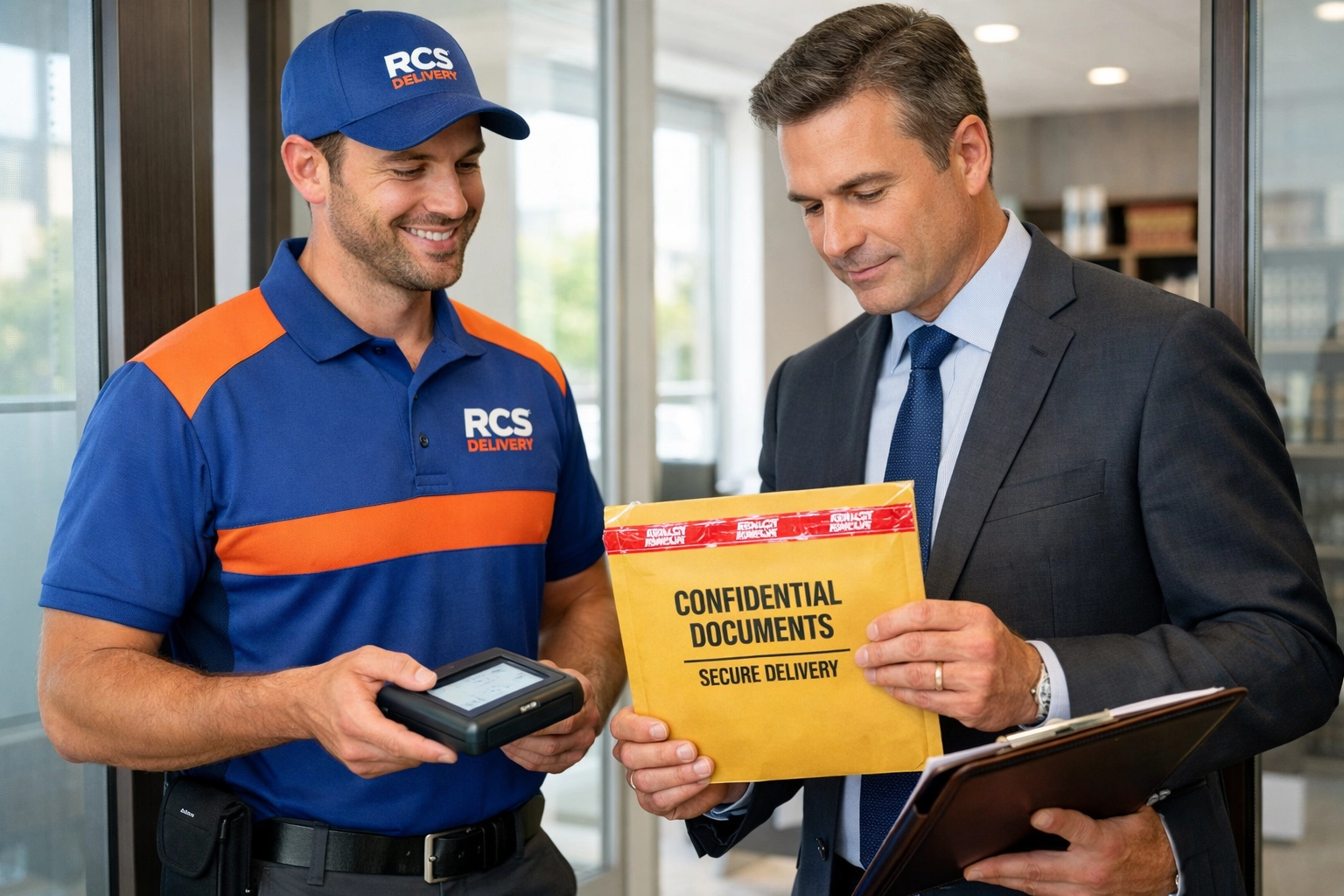 A bright, professional photograph of an RCS Delivery courier in branded blue and orange uniform standing at the entrance of a modern law office, handing a secure document envelope to a professionally dressed attorney. The courier holds a digital signature device while the attorney reviews the delivery. Natural daylight streams through large windows, creating a clean, trustworthy atmosphere with neutral tones. The scene includes visible security features like a sealed envelope and professional documentation. Shot at eye level to emphasize the professional interaction and mutual respect between courier and client.