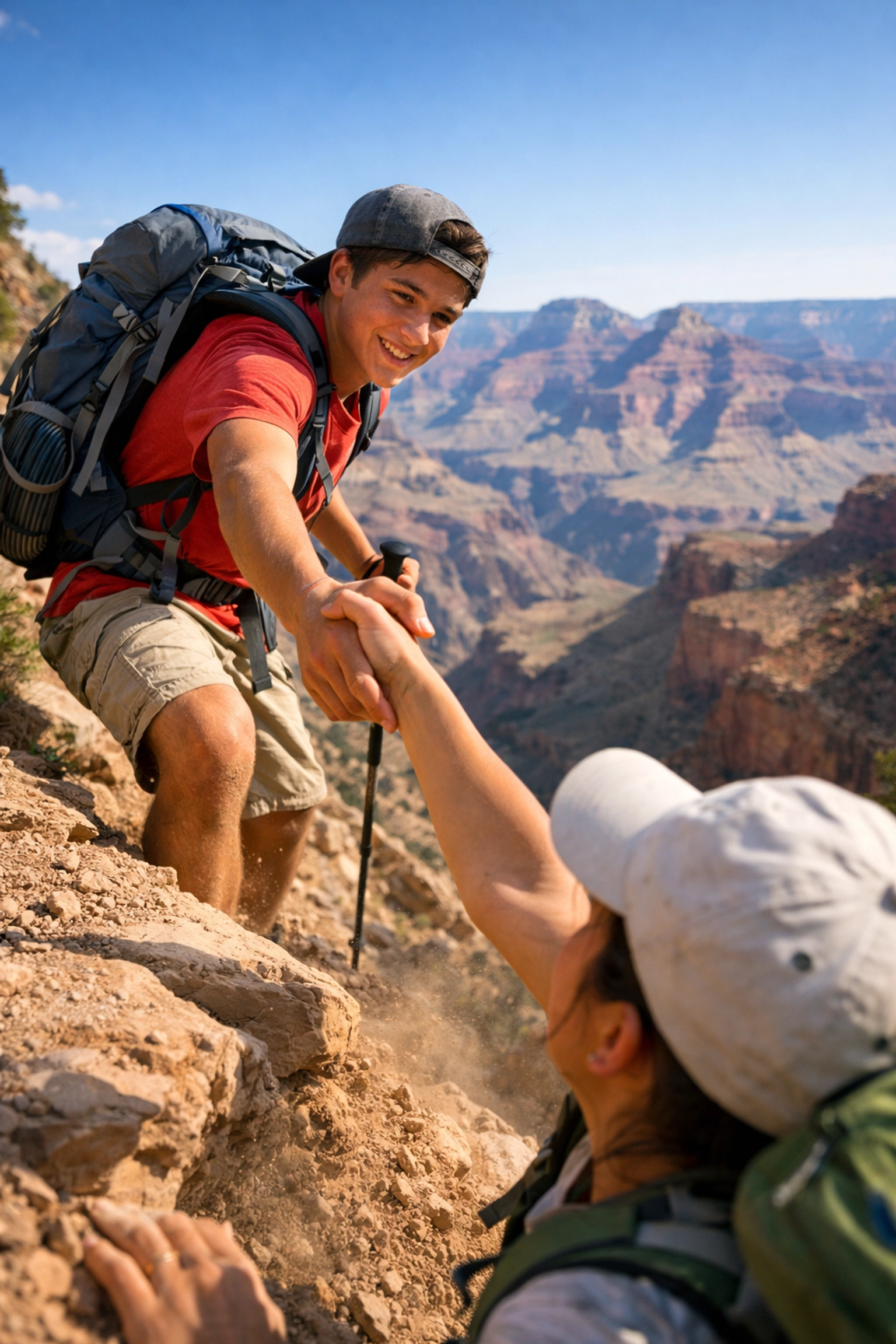 A student leader helping a peer on a hiking trail during a conservation school trip.