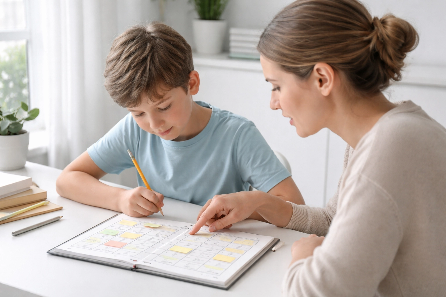 Ouder en kind plannen huiswerk samen aan een rustige, lichte werkplek met huiswerkplanner