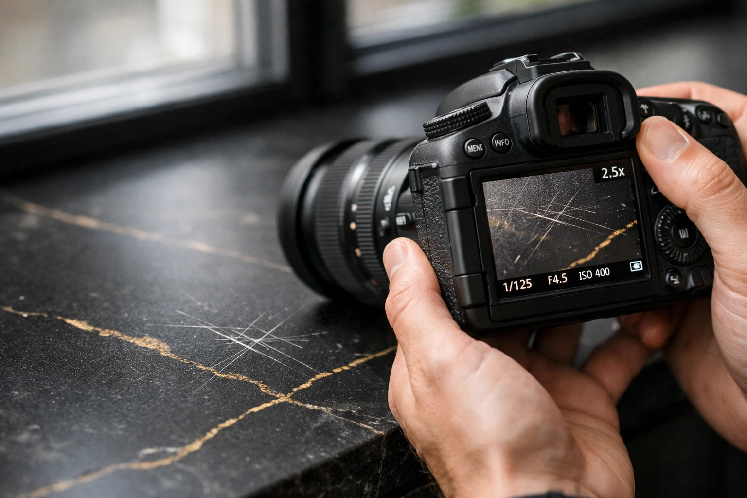 Property inventory clerk documenting kitchen worktop condition with detailed photography
