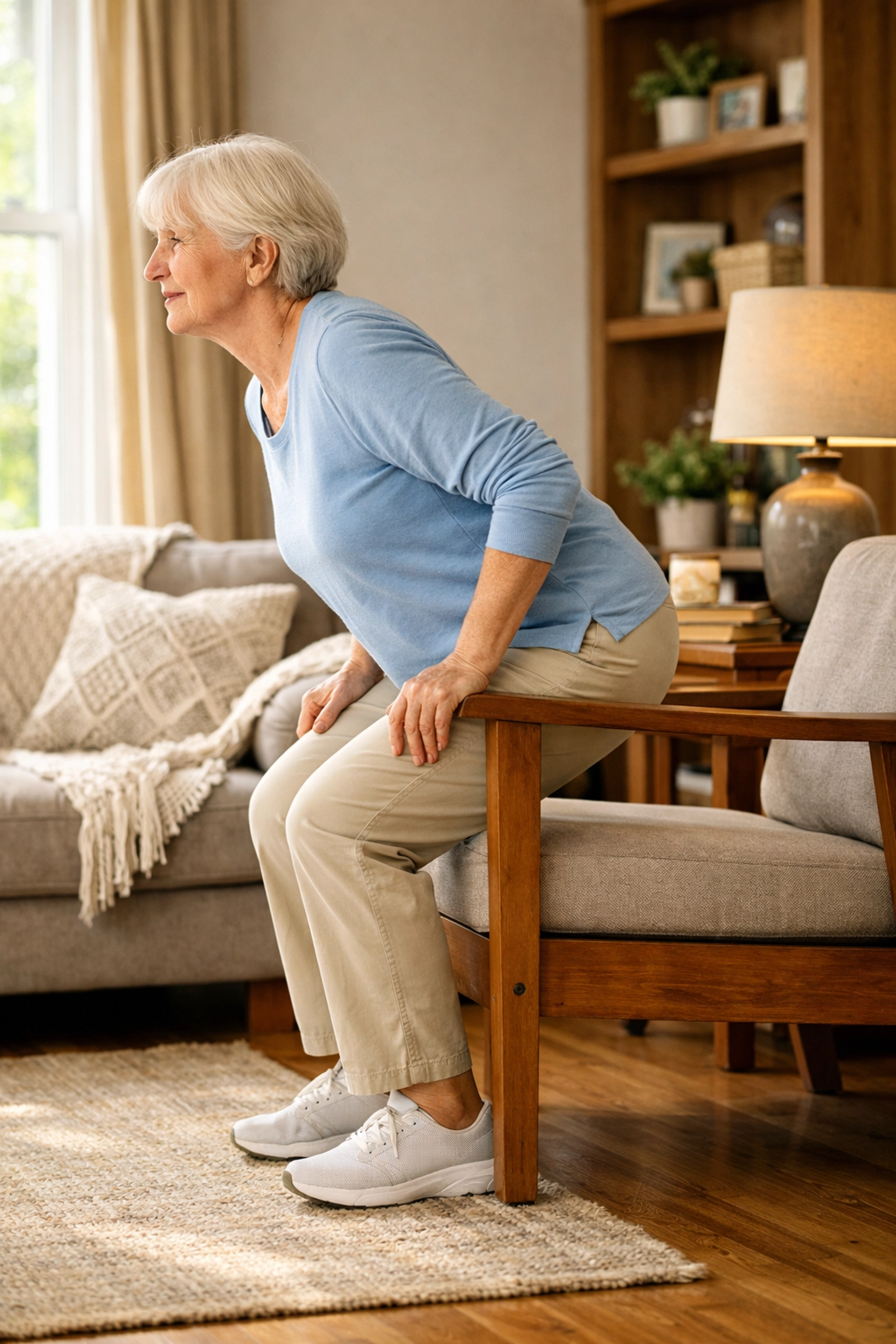 Senior person performing a sit-to-stand exercise in a living room to build leg strength.