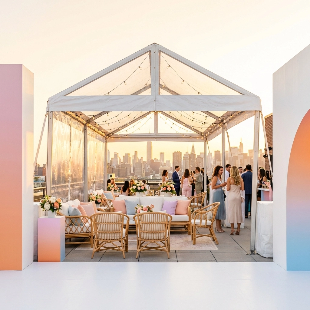 Elegant rooftop pop-up venue with white frame tent, lounge furniture, string lights, and city skyline at sunset