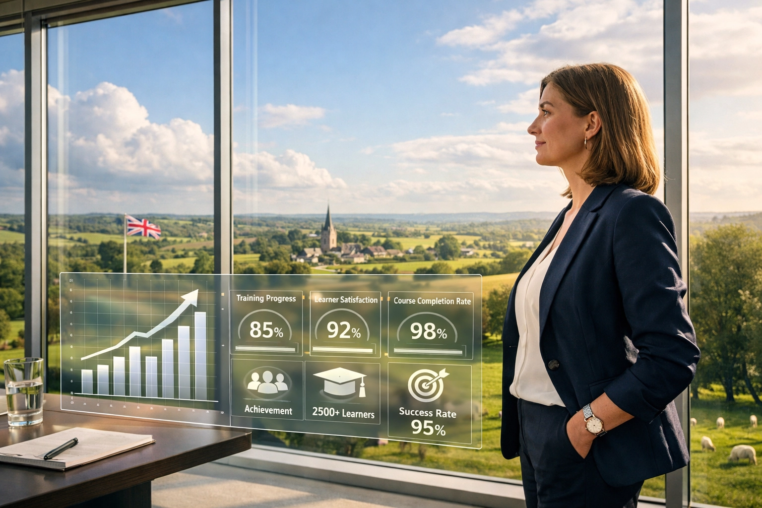 Training lead reviewing performance data, highlighting success with a UK-hosted LMS for vocational training.