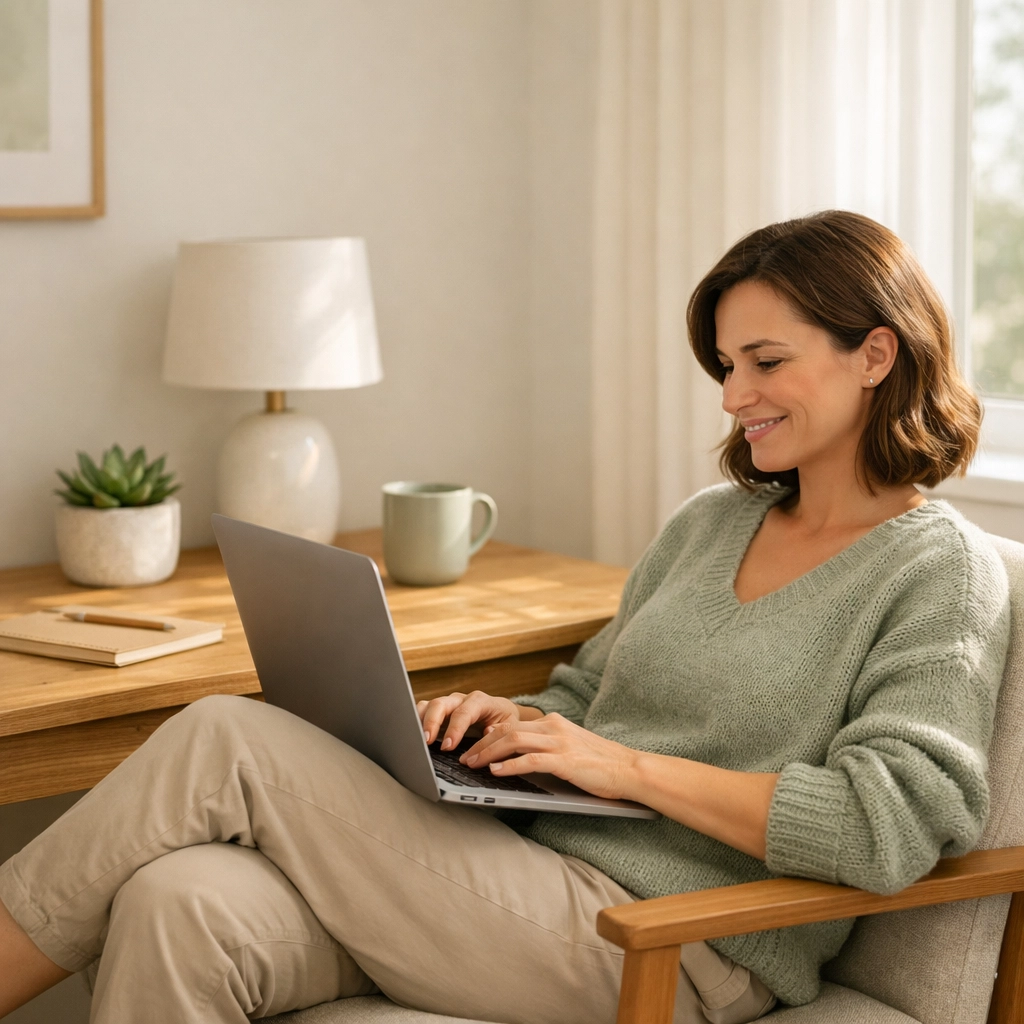 A person browsing a website at a clean desk, illustrating trust and comfort in small business web design.