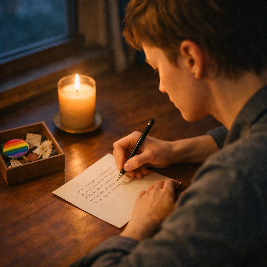 Queer person writing a letter by candlelight with Pride keepsakes, honoring a loved one after loss.