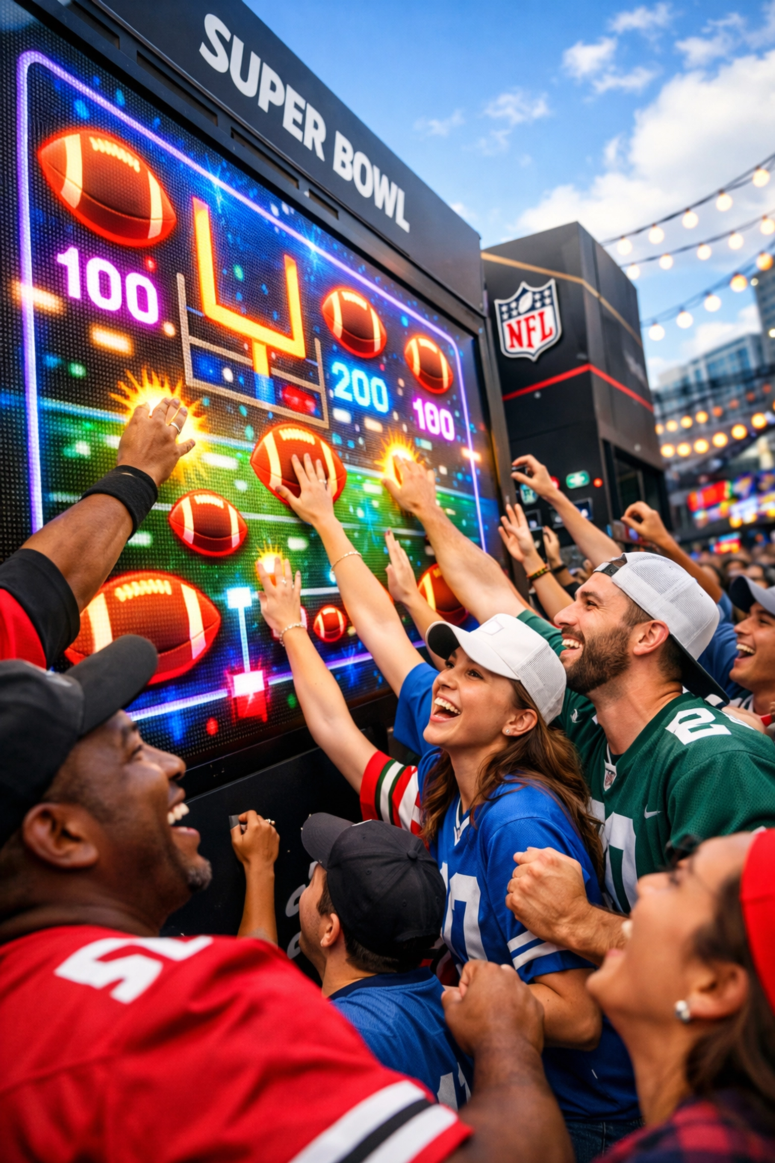 25 Creative Super Bowl Brand Activation Ideas You've Never Thought Of (That Cost 50% Less Than Traditional Marketing) Fans engaging with interactive LED game wall at Super Bowl brand activation event