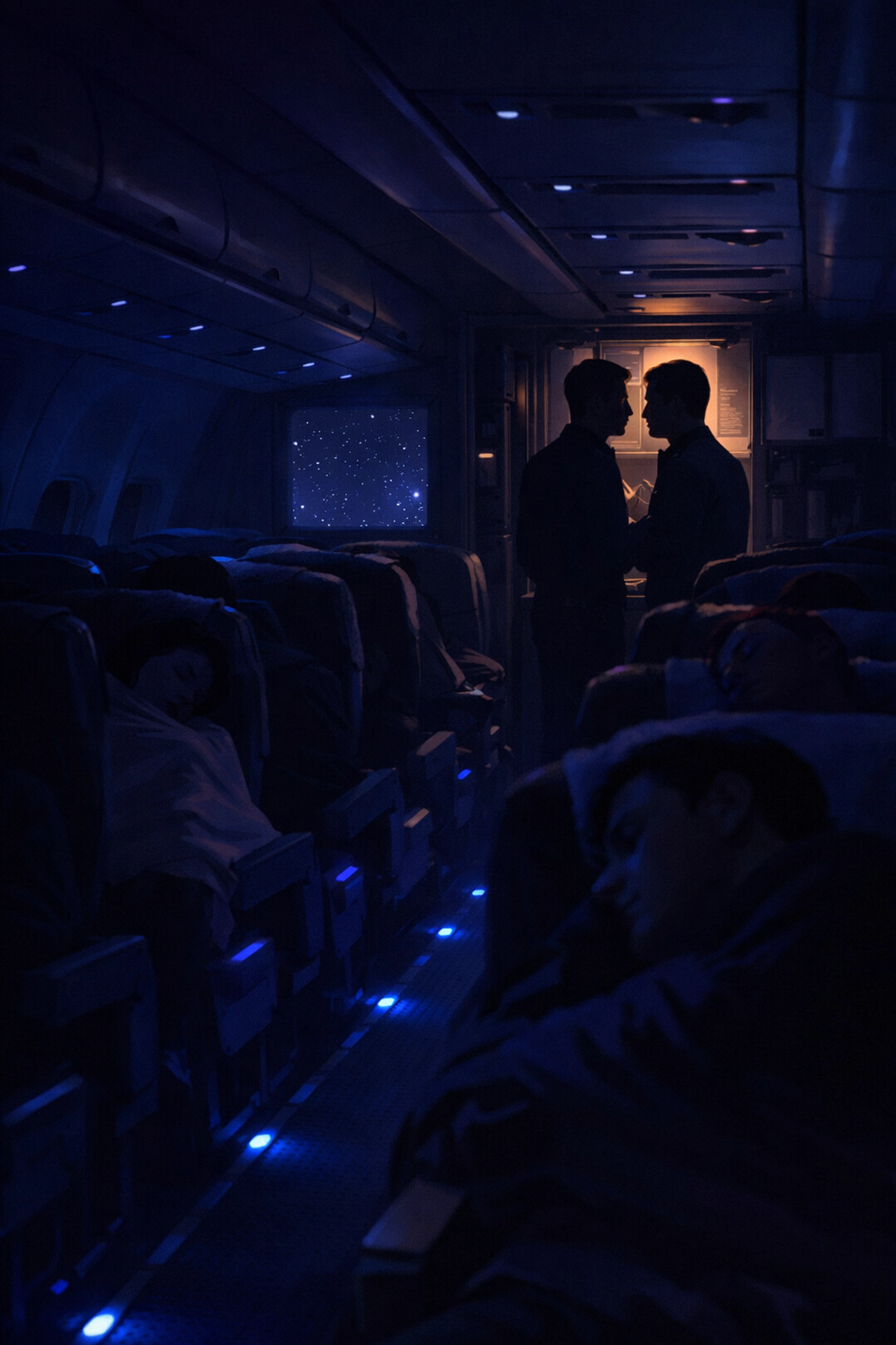 Night flight cabin with sleeping passengers and LGBTQ+ crew members connecting