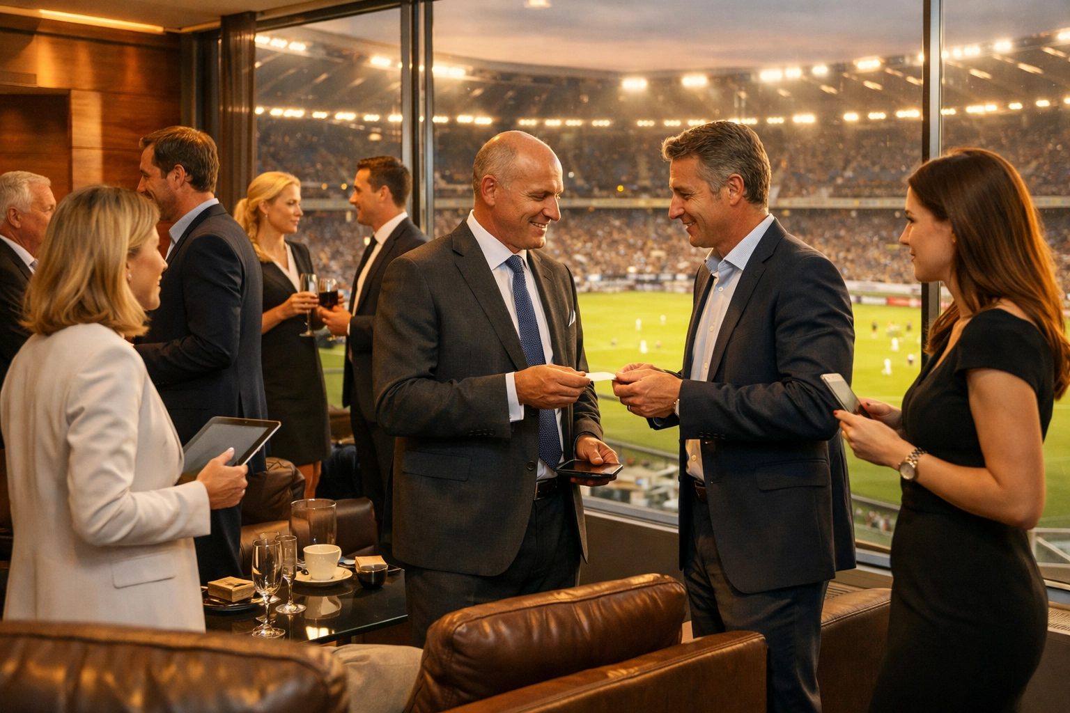 Business professionals networking at football stadium VIP lounge during match