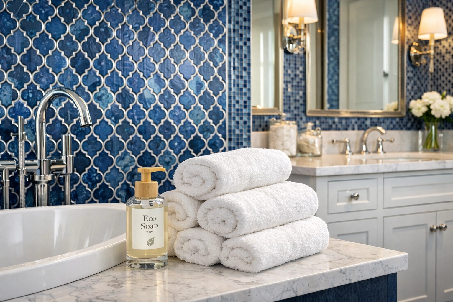 Shrewsbury master bathroom suite with a clean soaking tub and vanity after a professional house cleaning service.