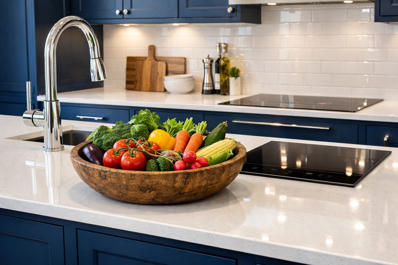 Sparkling clean Hadley kitchen with blue cabinets and sanitized white quartz countertops.
