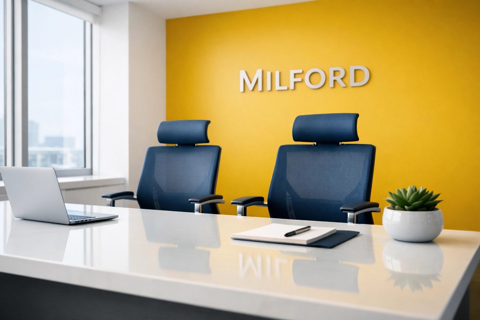 Modern office interior in Milford with clean white desks and blue chairs showing professional office cleaning results.